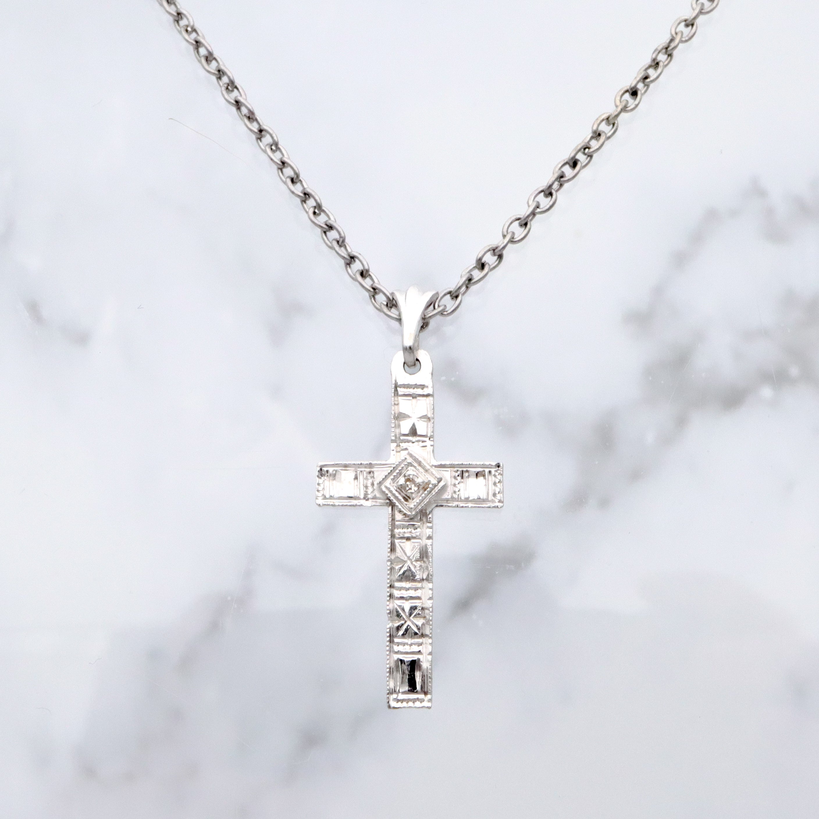 Antique Art Deco 14k white gold engraved cross pendant with old mine cut diamond